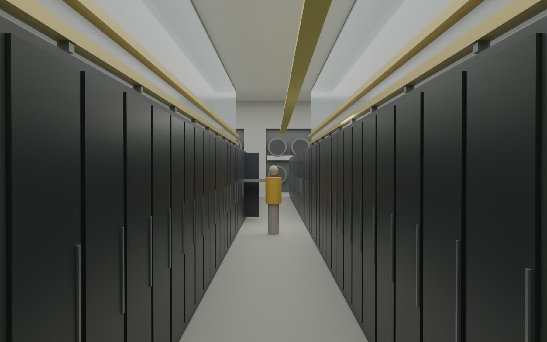 A cold aisle in the data hall: dark racks either side, translucent containment above, busways and a yellow fibre tray overhead, the fan wall at the far end