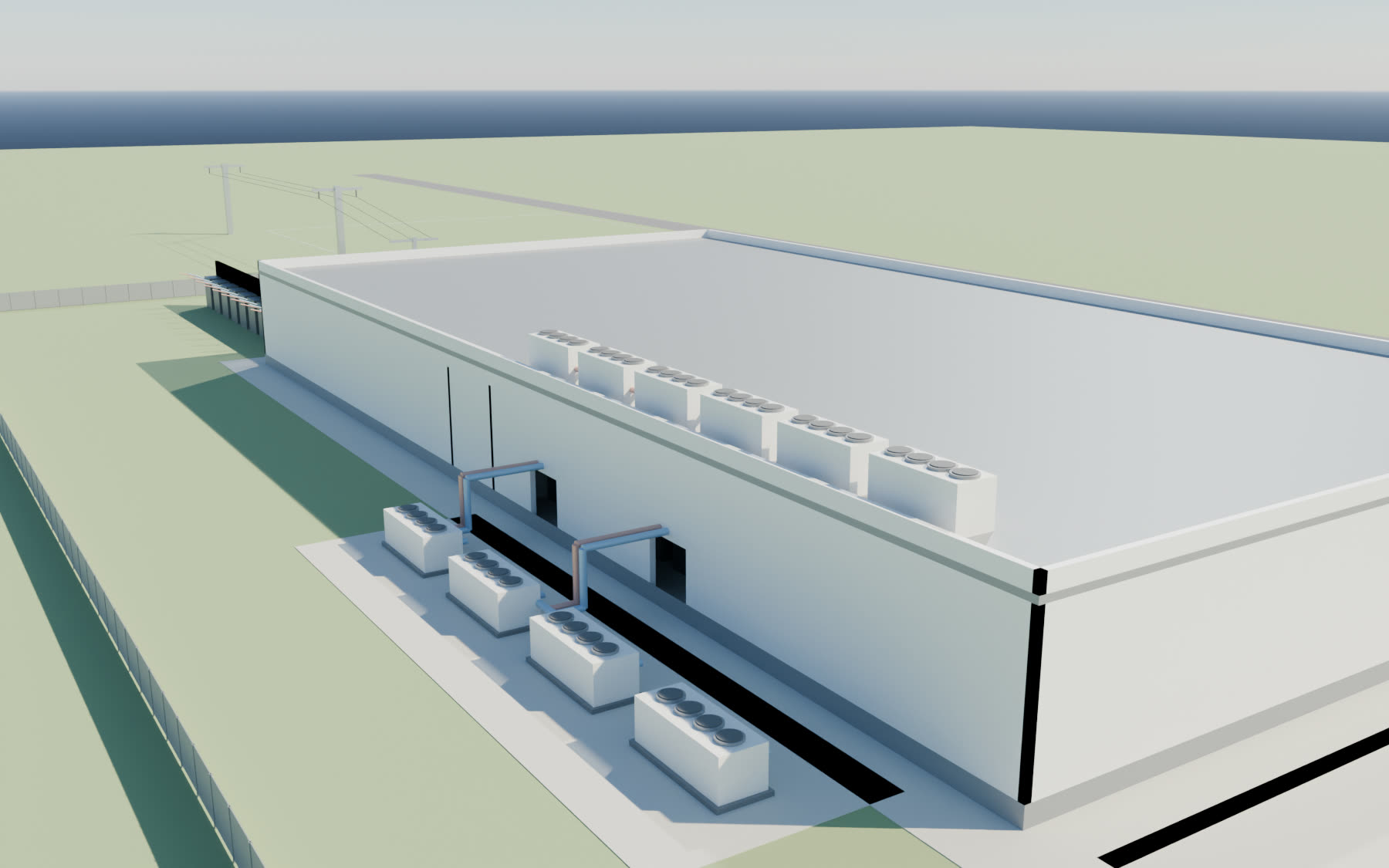 The roof and the chiller yard: dry coolers along the roof edge, four chillers on hardstanding, pipes into the building