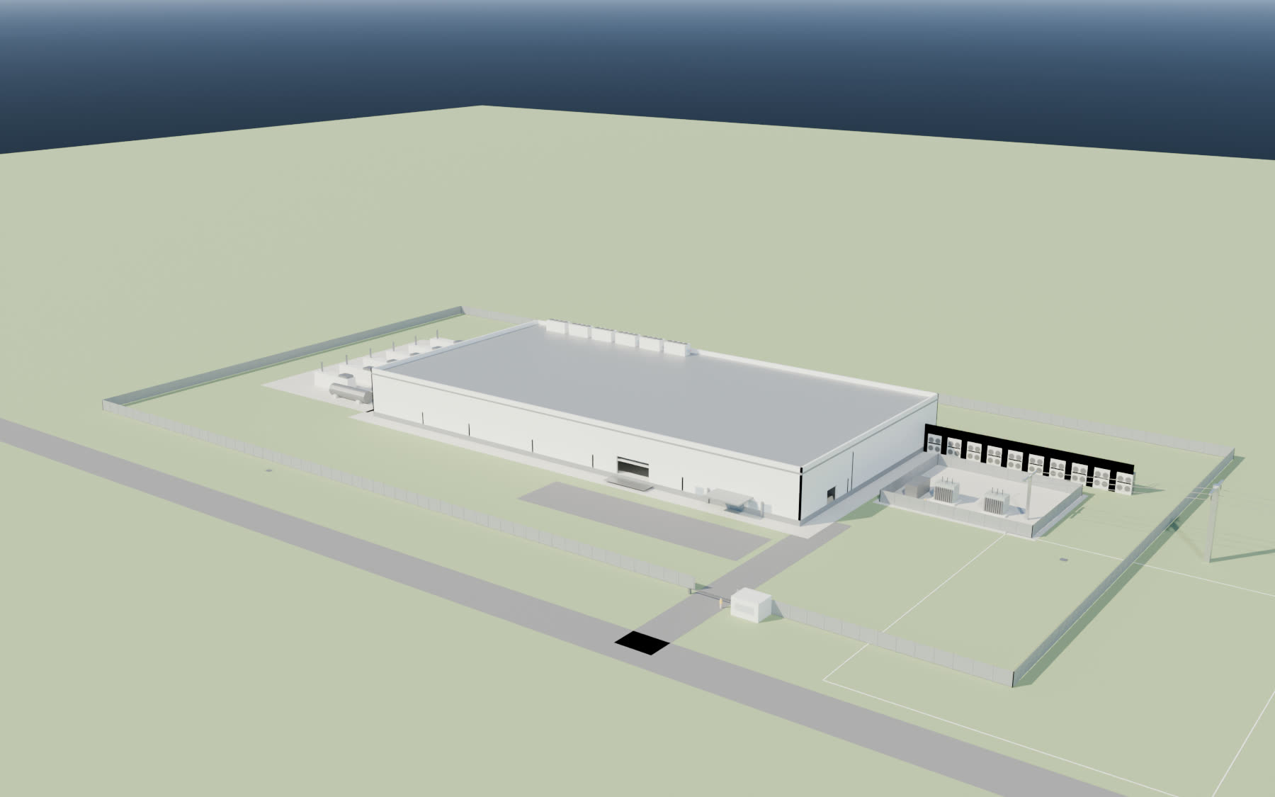 Aerial view of the composite data centre: a long white building with a substation to the east, generators to the west and a chiller yard to the north, inside a fenced site