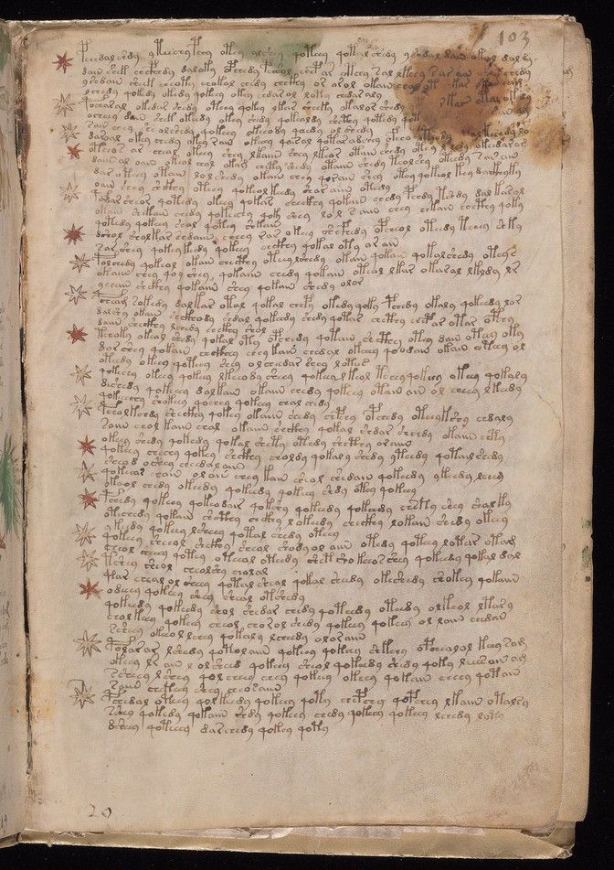 Folio 103r: a page of dense text in short paragraphs, each with a small star drawn in the left margin