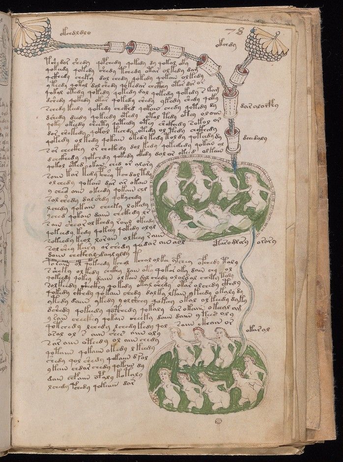 Folio 78r: paragraphs of text on the left; on the right a column of pipes and vessels running down into a green pool full of small naked women, with a blue channel leading to a second pool below