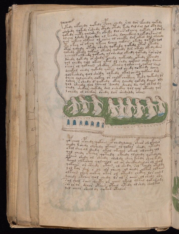 Folio 78v: figures in a green pool at the top right; two channels of blue water leave the pool and run to the right-hand edge of the page