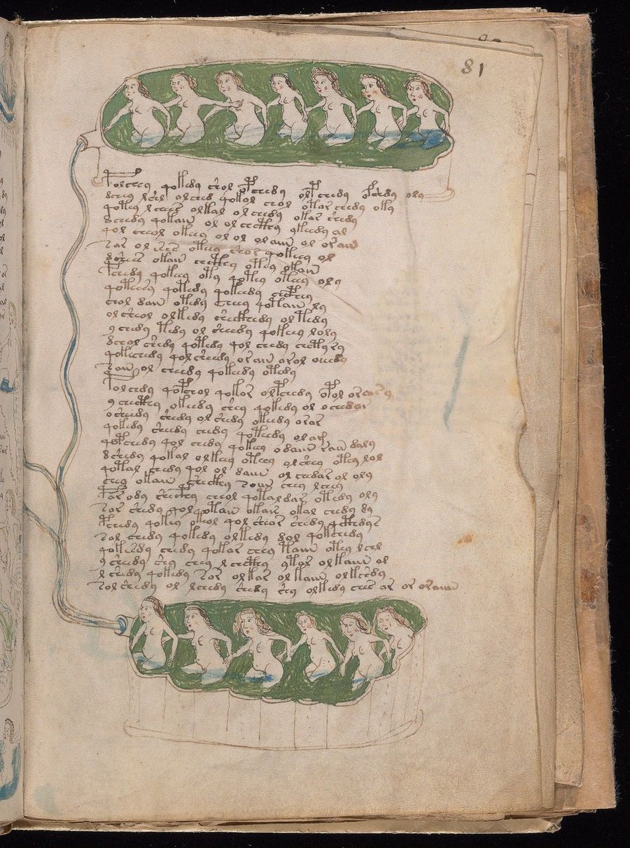 Folio 81r: two channels of blue water enter from the left-hand edge and feed pools of figures