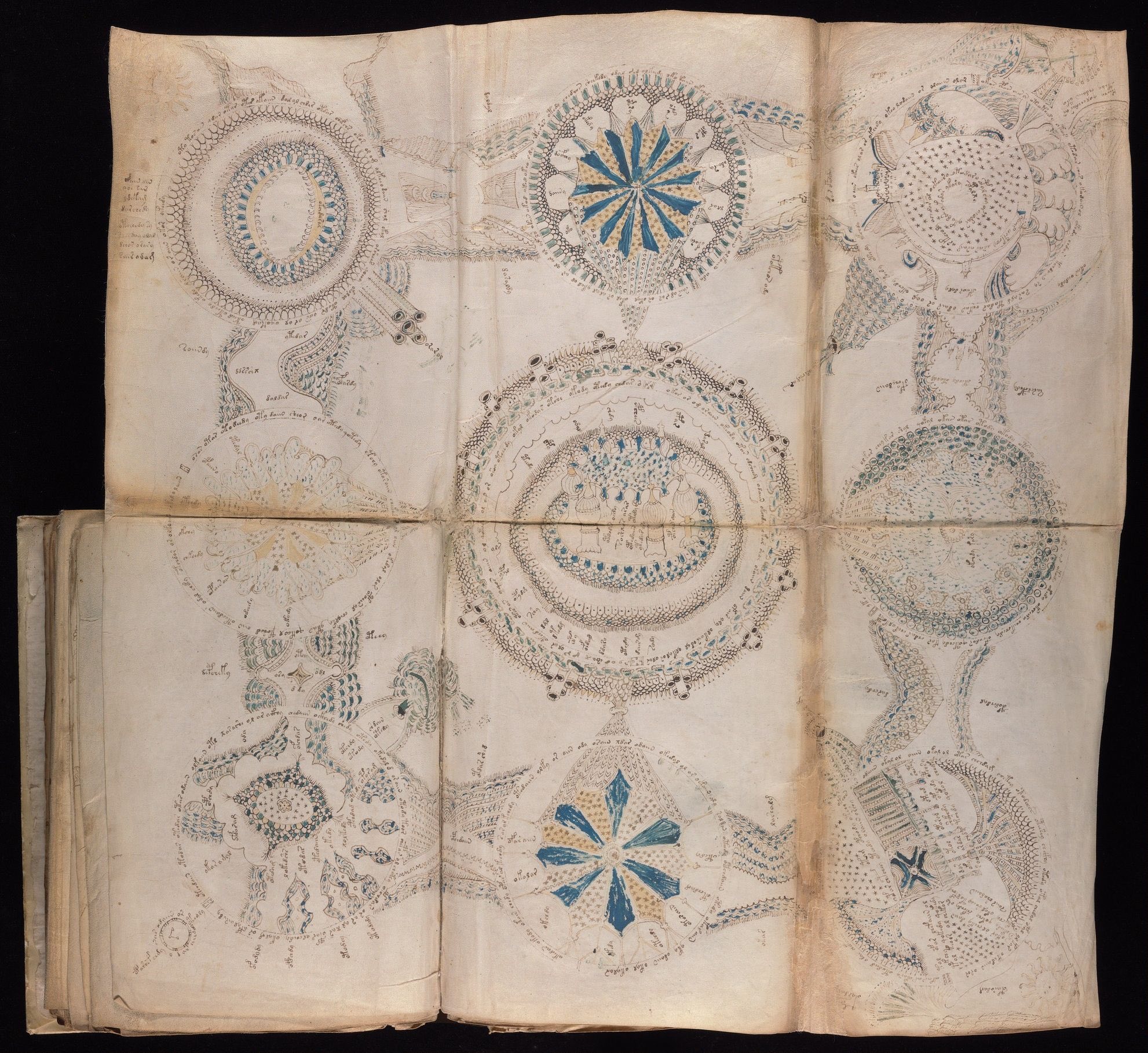 The rosettes fold-out: nine large circular diagrams in a three-by-three grid, joined by paths, with small castles, towers and plumes, all in ink with green, blue and red washes